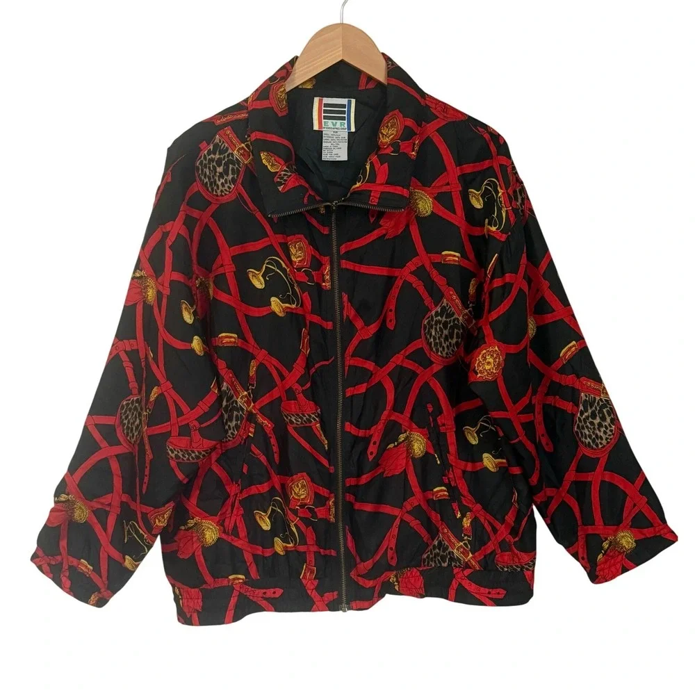 Vintage Silk Bomber Jacket Womens‎ XL Red Equestrian Baroque Leopard Print 90s